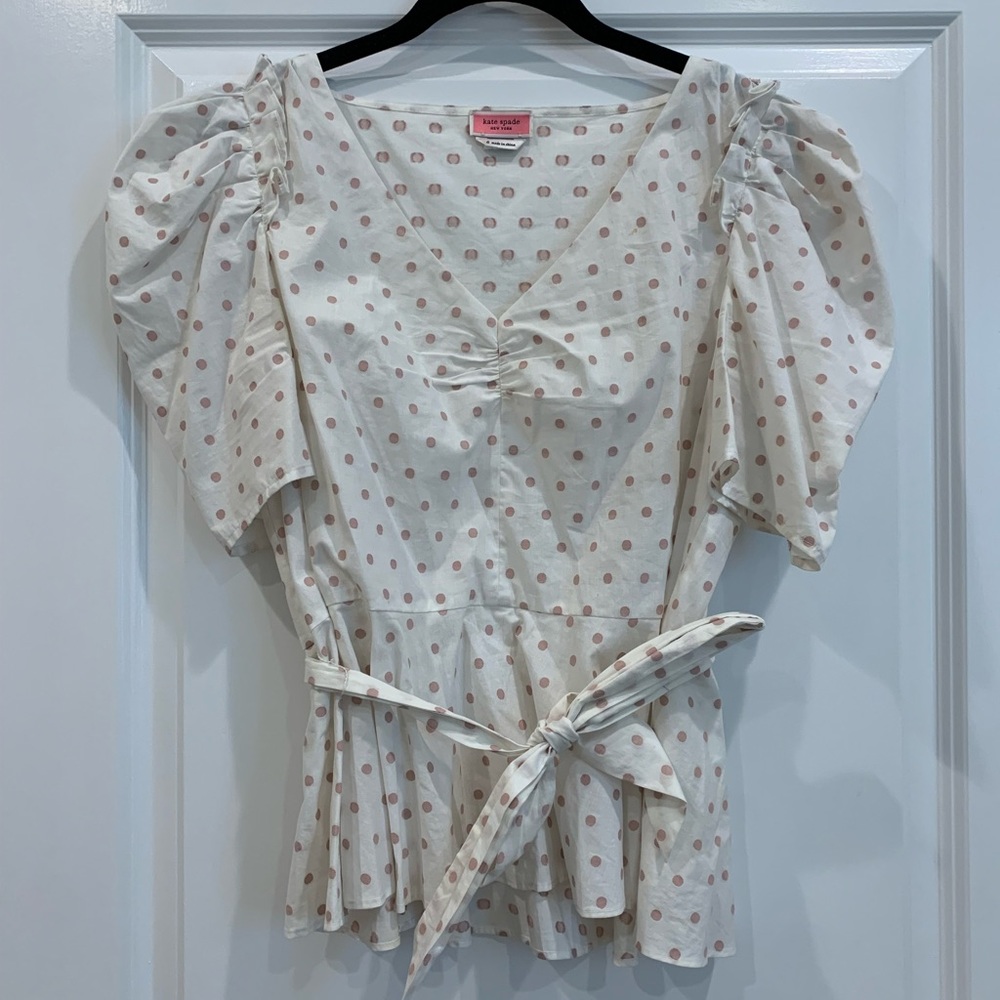 Kate Spade blush polka dots puff sleeve tie waist peplum blouse